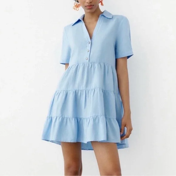 ZARA Linen Blend Tiered Babydoll Mini Dress Blue Medium Coastal Summer - Picture 1 of 7